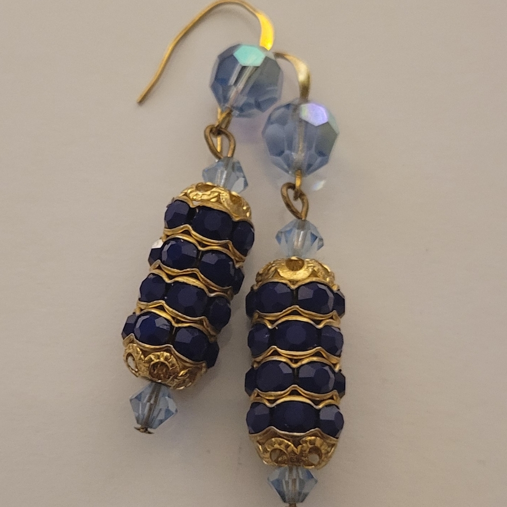 Unique blue swarovski CRYSTAL bead & Rondell stacked pierced earrings.